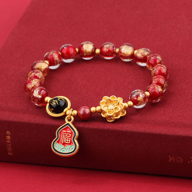 チベットのBuddha Stones、オーム・マニ・パドメ・フムフムフーのキャラクターひょうたんチャーム、蓮華座のガラスビーズ、幸運ブレスレット
