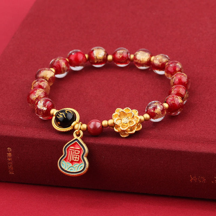 チベットのBuddha Stones、オーム・マニ・パドメ・フムフムフーのキャラクターひょうたんチャーム、蓮華座のガラスビーズ、幸運ブレスレット