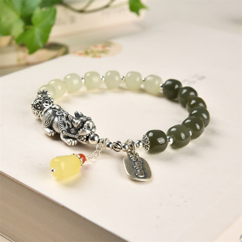 Buddha Stones925スターリングシルバー天然和田翡翠琥珀貔貅幸運ブレスレット