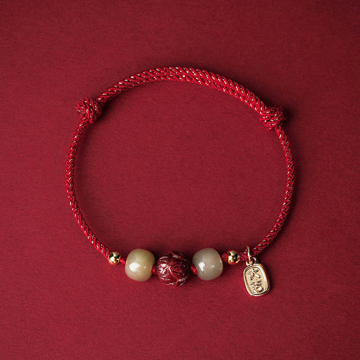 Buddha Stones14K ゴールドメッキ 和田翡翠 辰砂 蓮華 幸運 手作り ロープブレスレット - 赤いロープ（手首周り13～18cm） - image 0
