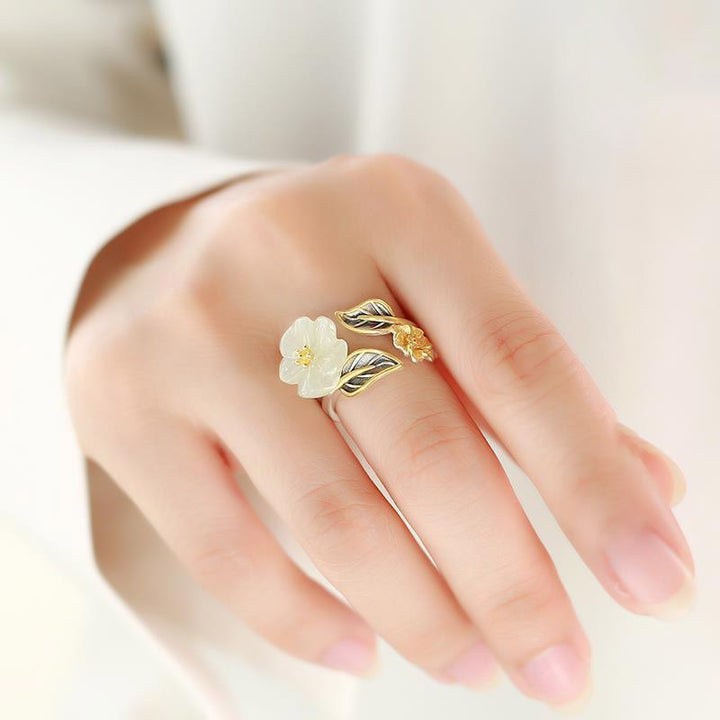 Buddha Stones925シルバーメッキ銅白翡翠梅花葉幸運リング