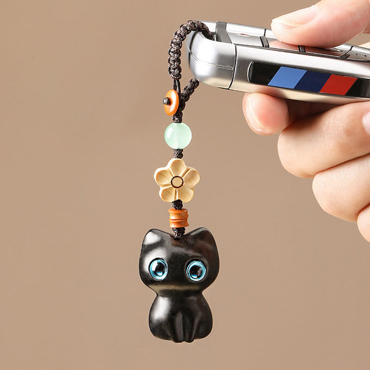 Buddha Stonesミニ小葉紫檀黒檀キャットラブリーキティピースキーチェーン電話吊り下げ装飾 - image 4