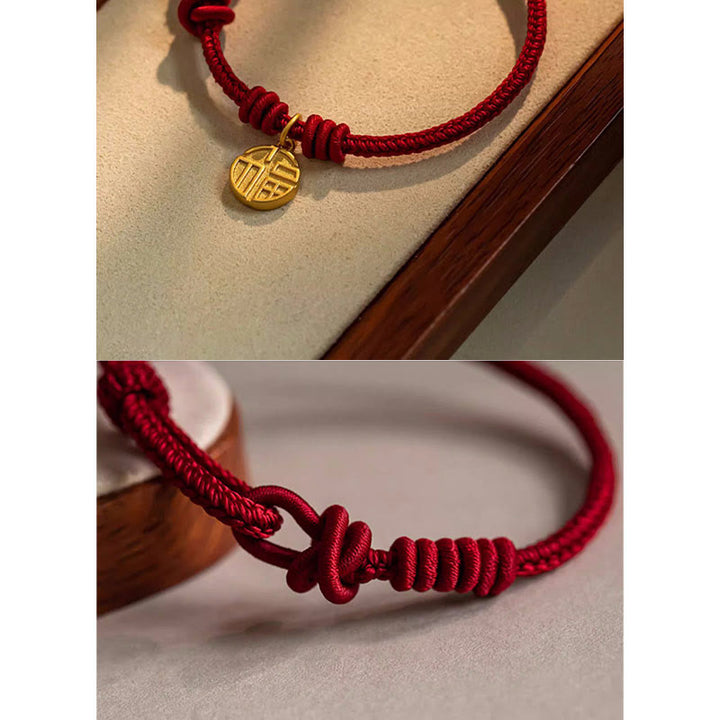 Buddha Stonesハンドメイド 8本糸 平和結び 福文字 チャーム 幸運 幸福 赤いロープ ブレスレット