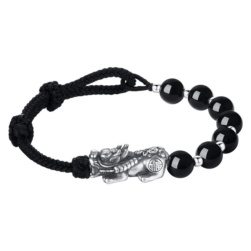 Buddha Stones999スターリングシルバー 風水 貔貅 天然黒曜石 925スターリングシルバー ビーズ 強度ブレスレット