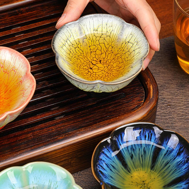 Buddha Stones6個 梅の花びら模様 中国 Jianzhan 窯変 陶器 ティーカップ カンフー ティーカップ ボウル ギフトボックス付き