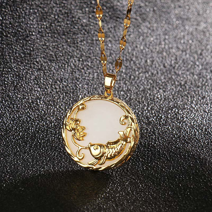Buddha Stones天然翡翠鯉蓮の幸運ネックレスペンダント - 白翡翠 - image 6