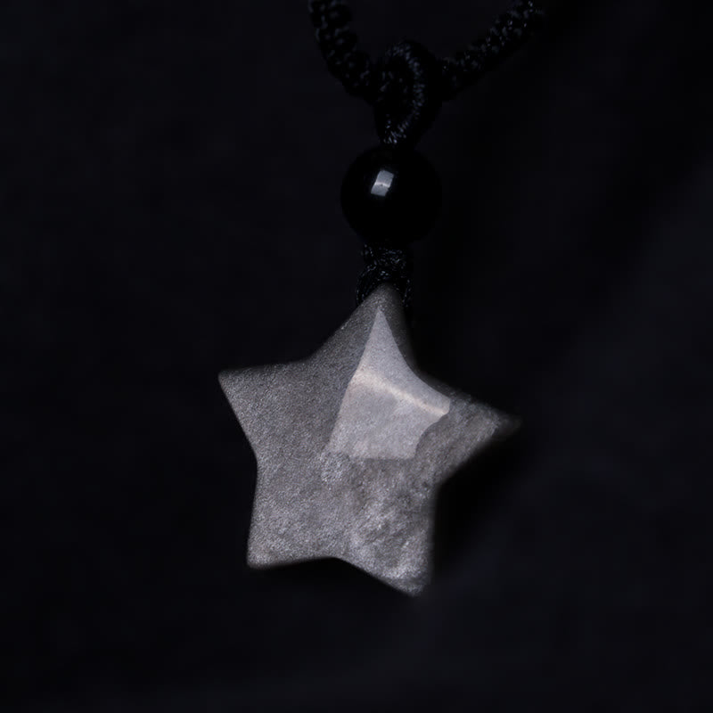 Buddha Stones天然銀光沢黒曜石 星 三日月 守護ネックレスペンダント