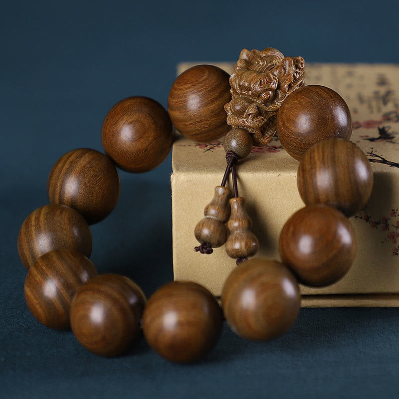 Buddha Stones、ローズウッド、グリーンサンダルウッド、小葉紫檀、龍彫刻の守護ブレスレット
