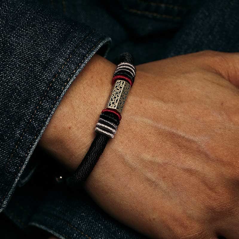 Buddha Stones925スターリングシルバーオーム・マニ・パドメ・フム平和の赤紐ブレスレット