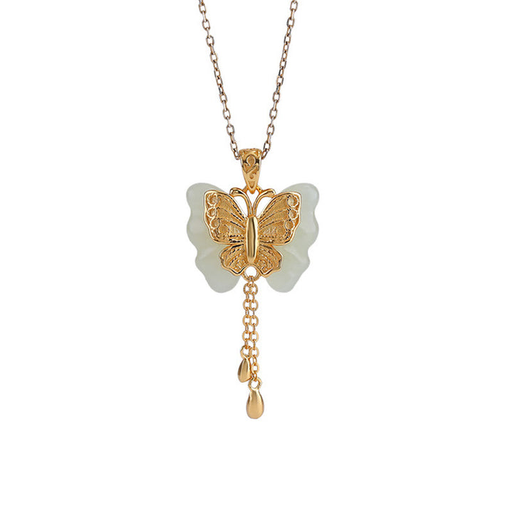 Buddha Stones 925スターリングシルバーメッキゴールド和田白翡翠バタフライ祝福ネックレスペンダント
