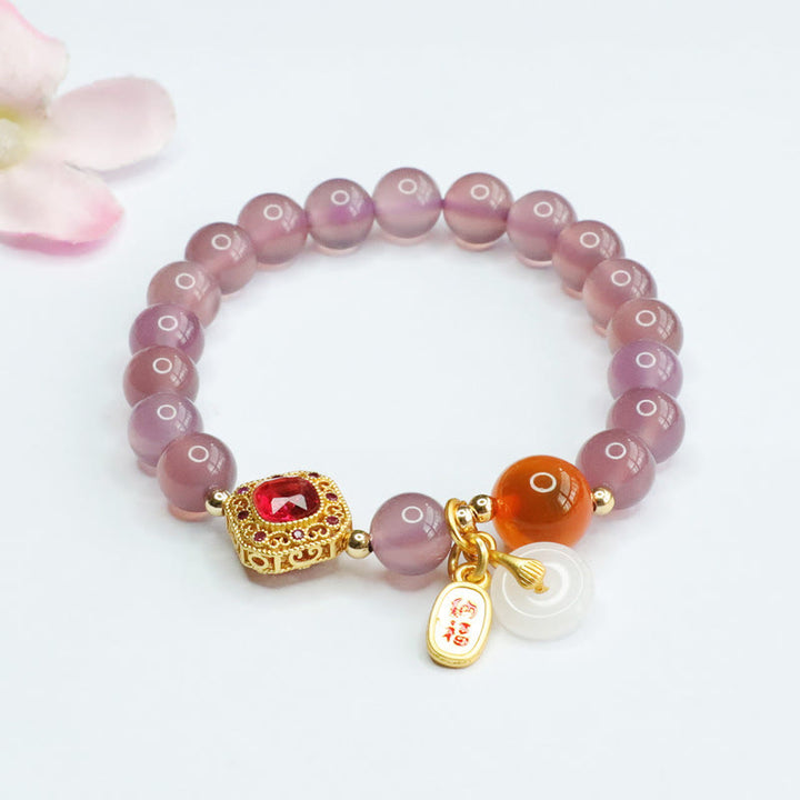 Buddha Stones天然パープルカルセドニー キャンディアゲート 平和バックル ハーモニー 幸運 幸運 チャーム ブレスレット