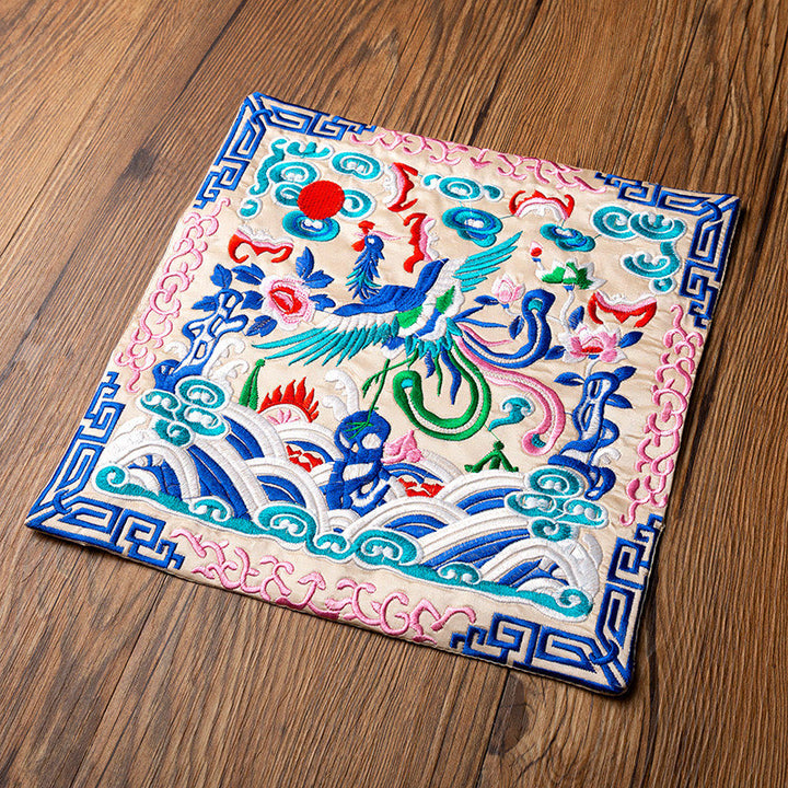 Buddha Stones鳳凰龍 麒麟刺繍 カップマットパッド ティーカップコースター カンフーティーマット