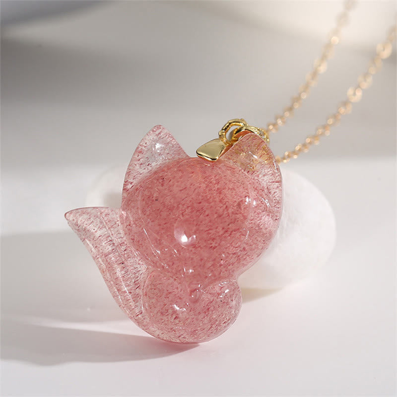 Buddha Stones 14Kゴールドメッキ 925スターリングシルバー ストロベリークォーツ フォックスヒーリングネックレスペンダント