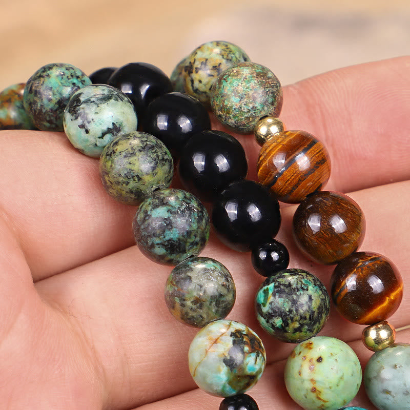 Buddha Stones 108Malaビーズ 天然石 タイガーアイ ターコイズ 保護 強さ ブレスレット ネックレス