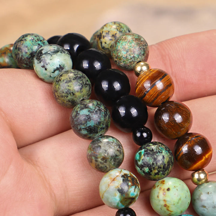 Buddha Stones 108Malaビーズ 天然石 タイガーアイ ターコイズ 保護 強さ ブレスレット ネックレス