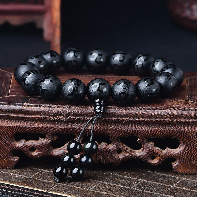 Buddha Stonesチベット ホワイトクリスタル ブラックオニキスオーム・マニ・パドメ・フム瞑想ブレスレット