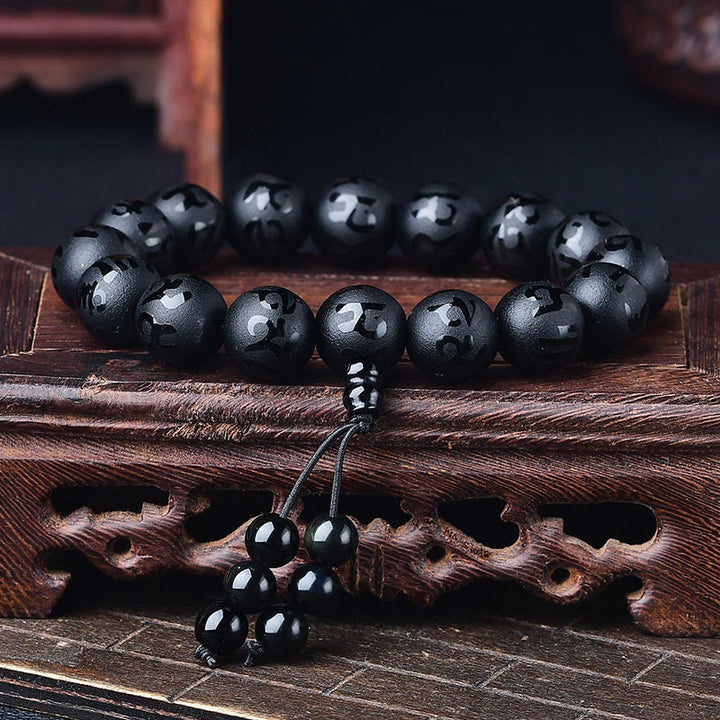 Buddha Stonesチベット ホワイトクリスタル ブラックオニキスオーム・マニ・パドメ・フム瞑想ブレスレット