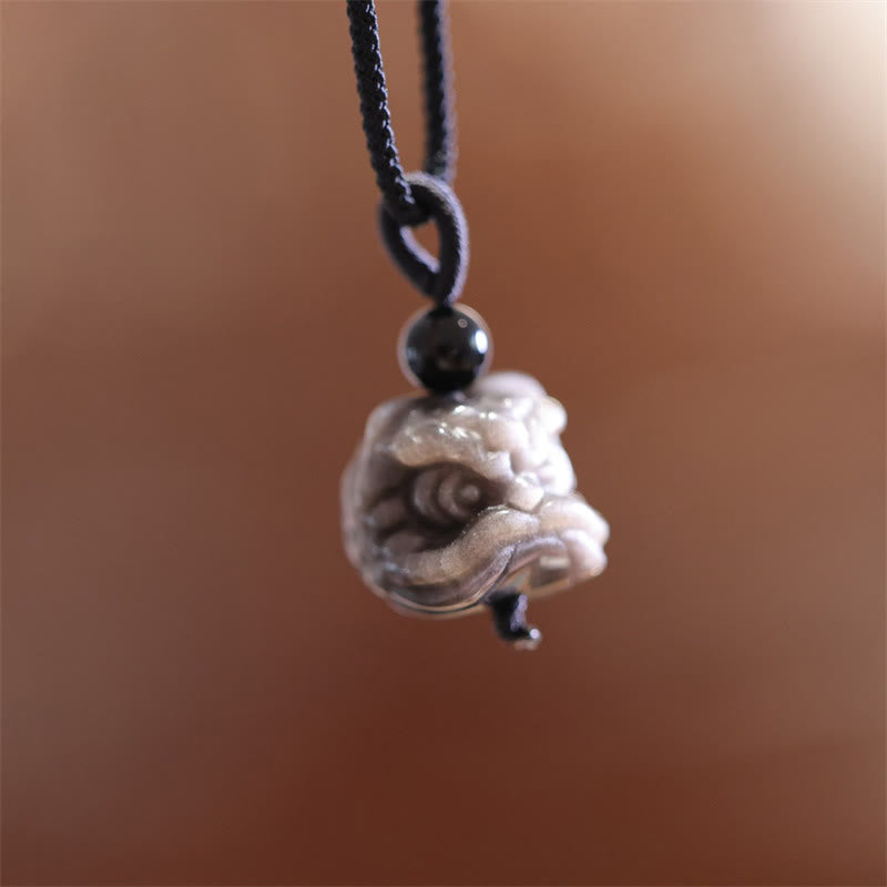 Buddha Stones天然銀光沢黒曜石踊るライオン守護ネックレスペンダント