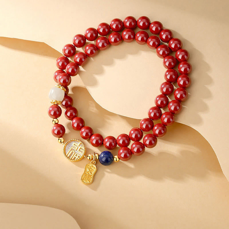 Buddha Stones 925スターリングシルバー 辰砂 シャコガイ フーキャラクター ダブルラップ 祝福ブレスレット