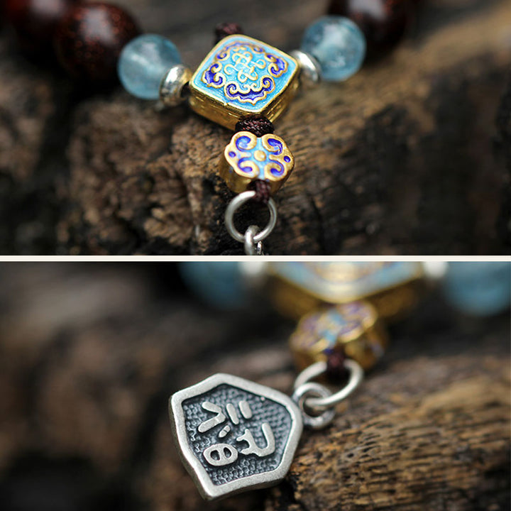 Buddha Stones925 スターリングシルバー インド産小葉 レッドサンダルウッド アクアマリン ゴールドスター 中国結び 祝福ブレスレット