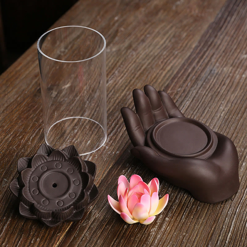 Buddha Stones仏陀の手 蓮 悟り LEDライト 紫 粘土 陶器 香炉 装飾