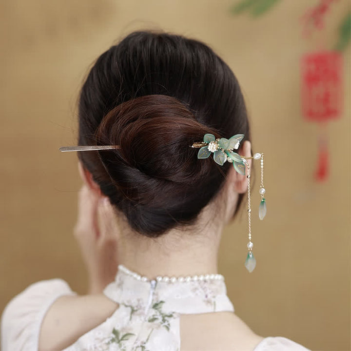 フラワーリーフパールピースタッセルヘアピン