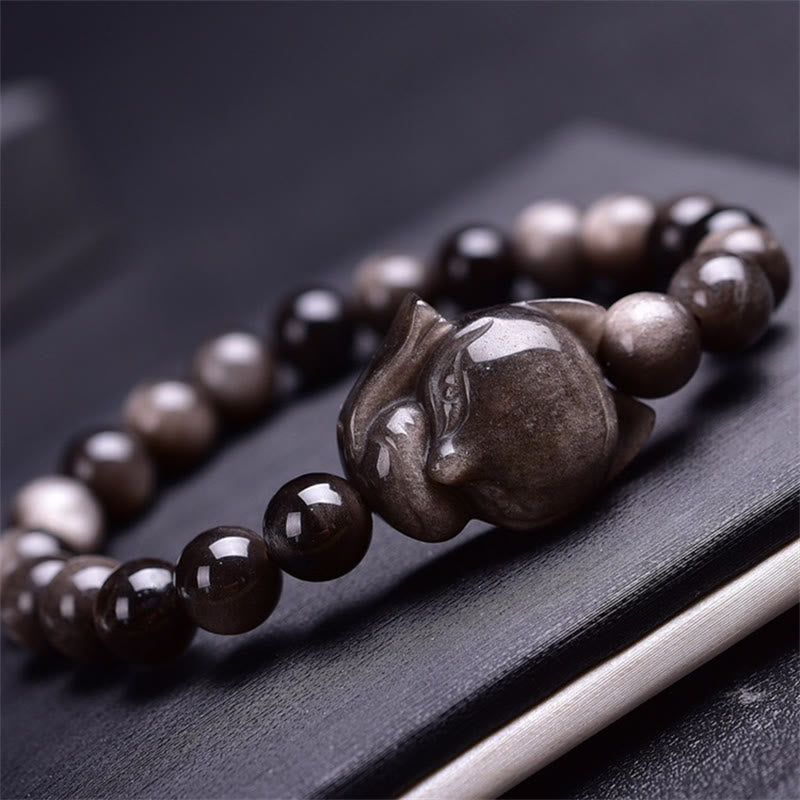 Buddha Stones天然銀光沢黒曜石キツネ守護ブレスレット