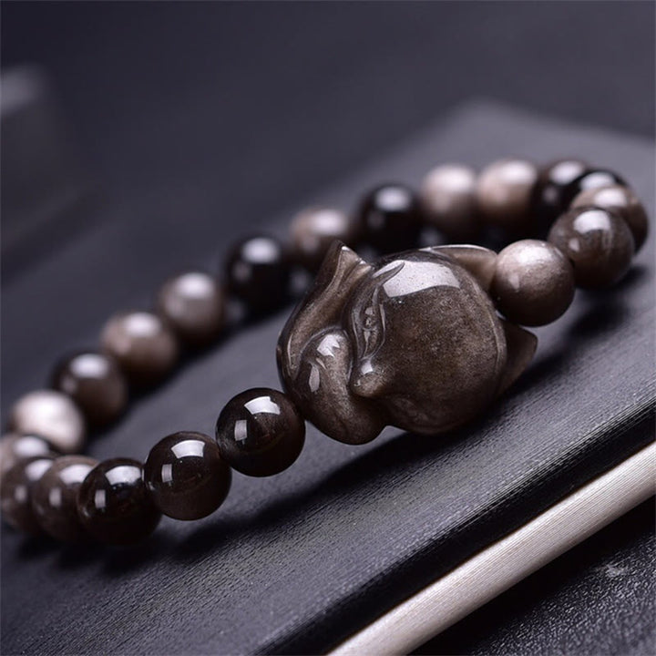 Buddha Stones天然銀光沢黒曜石キツネ守護ブレスレット