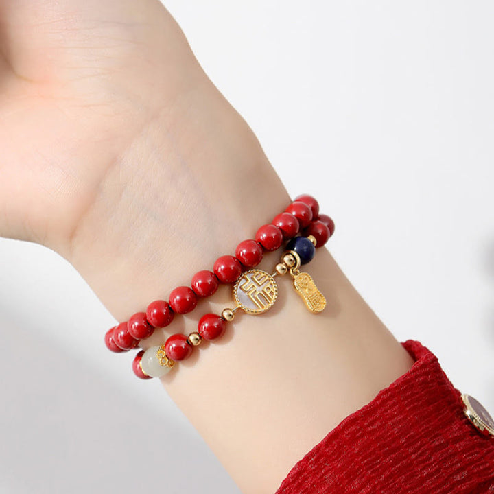 Buddha Stones 925スターリングシルバー 辰砂 シャコガイ フーキャラクター ダブルラップ 祝福ブレスレット