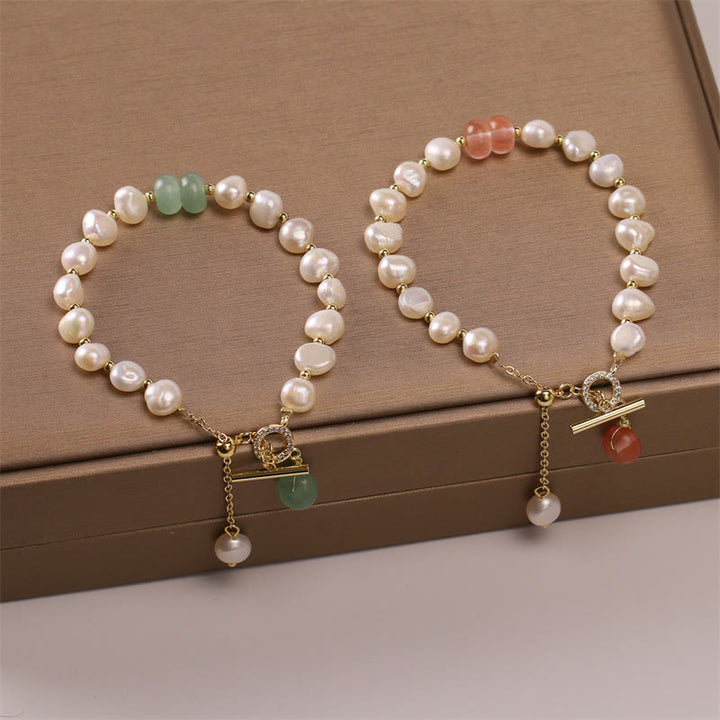 Buddha Stonesパールグリーン ストロベリークォーツ ビーズ ヒーリングチェーンブレスレット