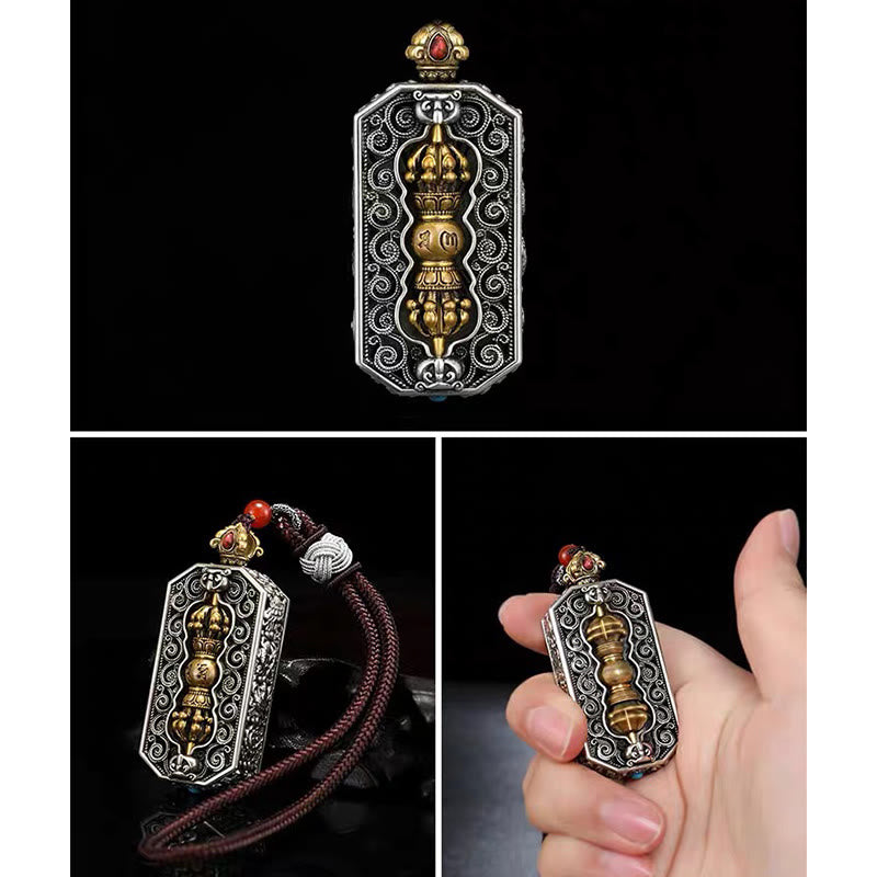Buddha Stones チベット彫刻 回転式ドルジェ（ヴァジュラ） Om Mani Padme Hum入り 蓮模様 清浄ペンダント ネックレス