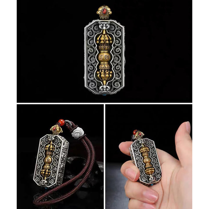 Buddha Stones チベット彫刻 回転式ドルジェ（ヴァジュラ） Om Mani Padme Hum入り 蓮模様 清浄ペンダント ネックレス