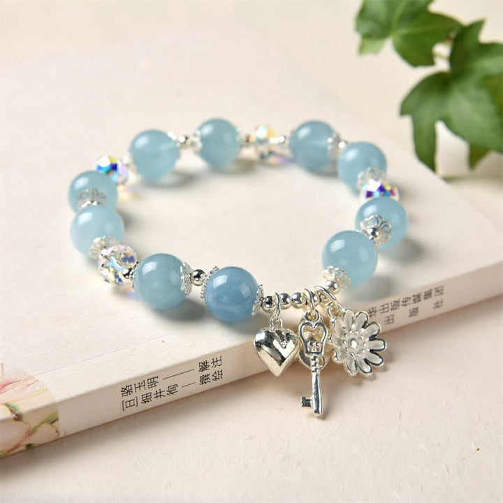 Buddha Stones925スターリングシルバー 天然アクアマリン セレニティフラワー ラブキーチャームブレスレット