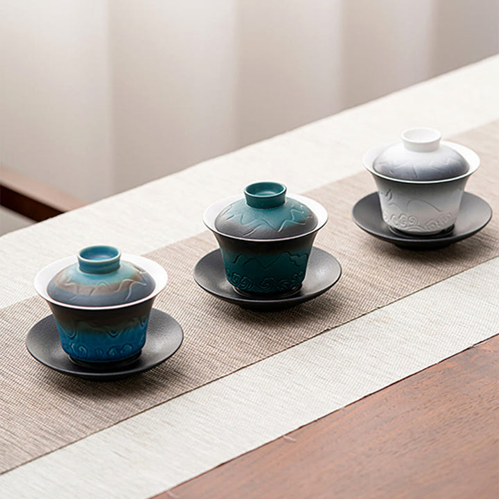 Buddha Stonesレトロブルーオーシャン海の波グラデーションセラミック蓋湾三彩ティーカップカンフーティーカップとソーサー蓋付き