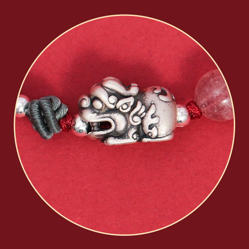 Buddha Stones 999スターリングシルバー PiXiu ストロベリークォーツビーズ 富と幸運の編み込みブレスレット