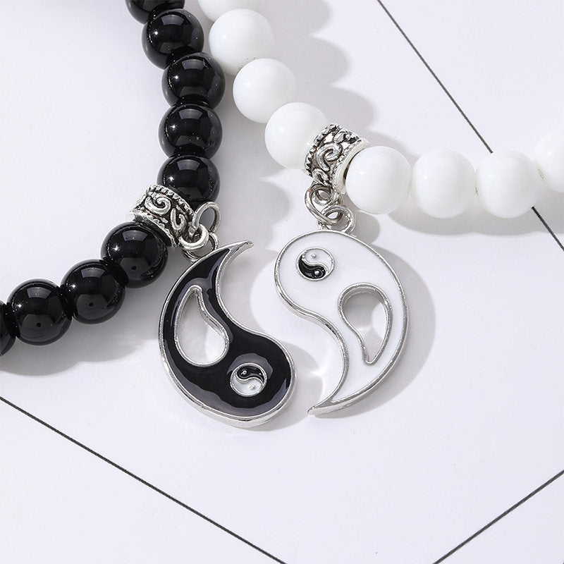 Buddha Stones2個入り ブラックオニキス ホワイトターコイズビーズ 陰陽守護 カップルブレスレット