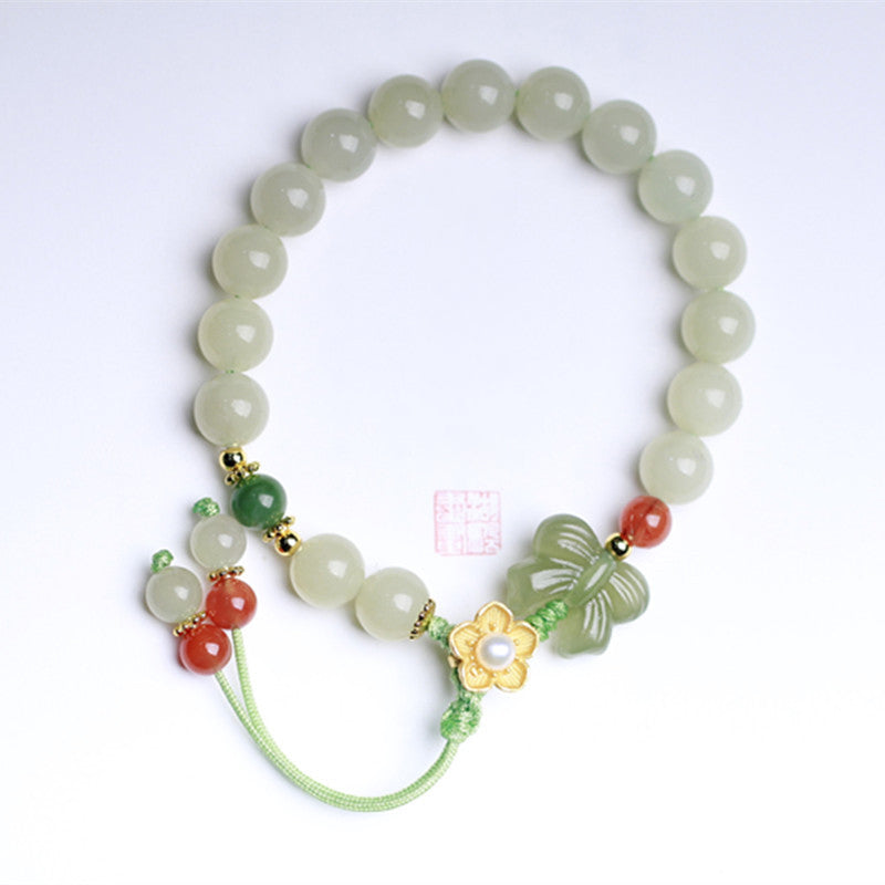 Buddha Stones925スターリングシルバー 翡翠 幸運の花 蝶 ブレスレット