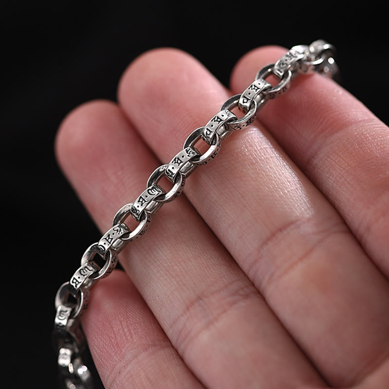 Buddha Stones925 スターリングシルバーオーム・マニ・パドメ・フム彫刻デザイン 創造性 メタルブレスレット