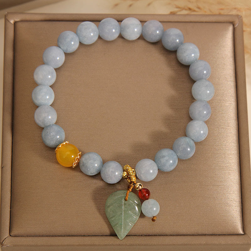Buddha Stonesアクアマリン 翡翠の葉 ヒーリングチャームブレスレット