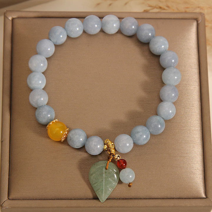 Buddha Stonesアクアマリン 翡翠の葉 ヒーリングチャームブレスレット