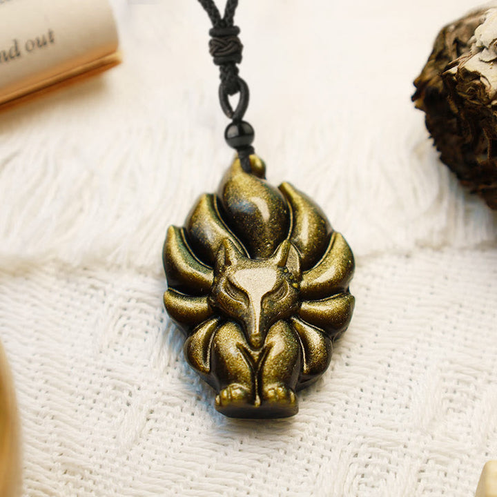 Buddha Stones天然蛍石ゴールド光沢黒曜石フォックスペンダント保護ネックレス
