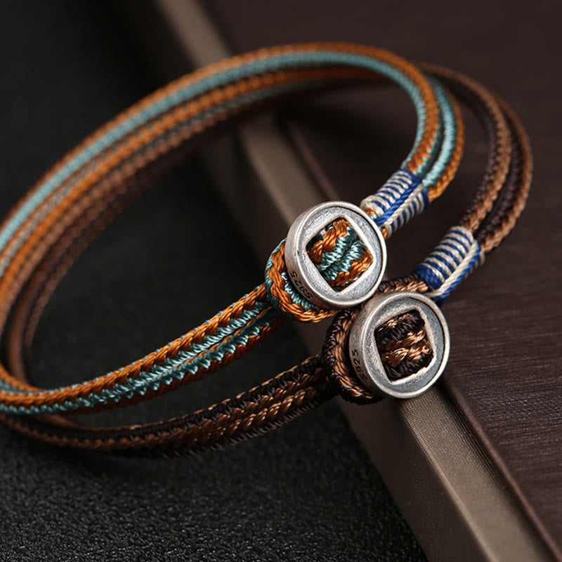 Buddha Stones 925スターリングシルバー 守護 編み込みロープブレスレット（ボタン留め） ハンドメイド