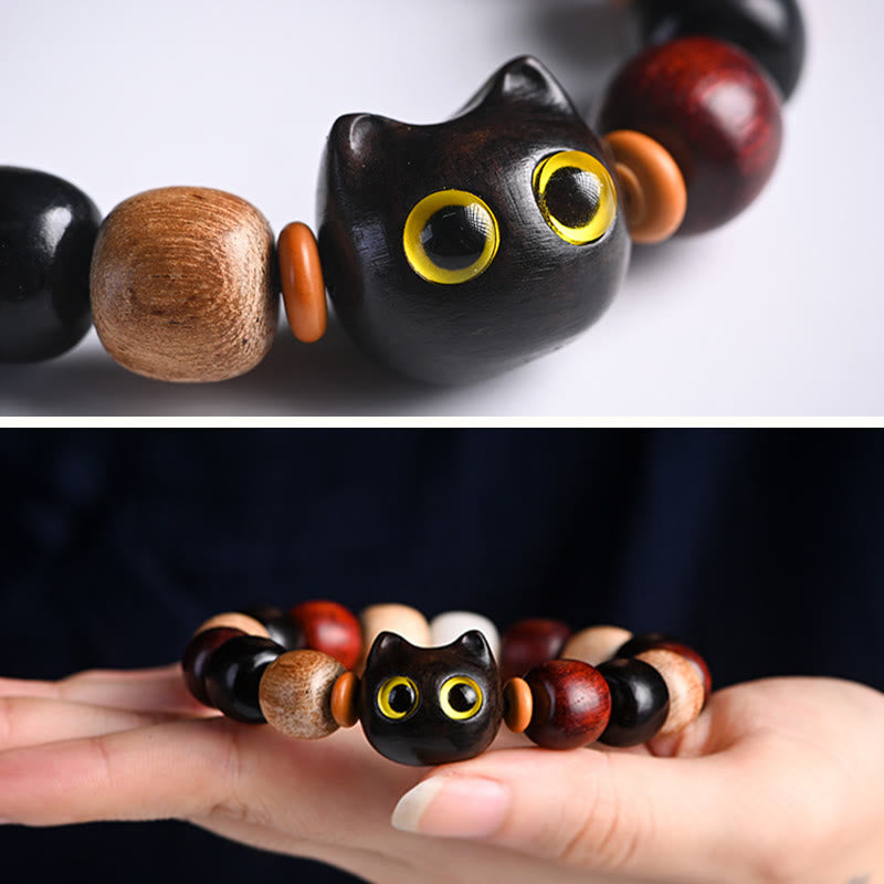 Buddha Stones小葉紫檀黒檀かわいい猫 彫刻守護ブレスレット - image 9