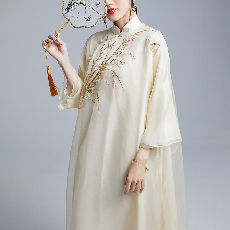 Buddha Stones 100% マルベリーシルク 6匁 ドレス ヴィンテージ フラワー バタフライ 刺繍 チーパオ ドレス レディース チャイナドレス - image 1