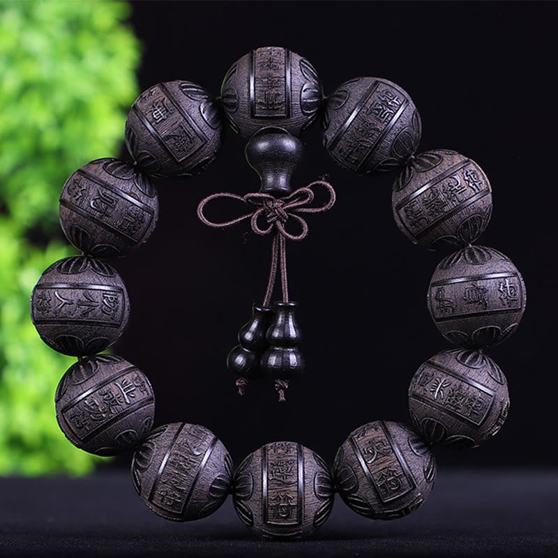 Buddha Stones、中国の十二支、ローズウッド、黒檀、銅貨、貔貅の彫刻、温もりのブレスレット