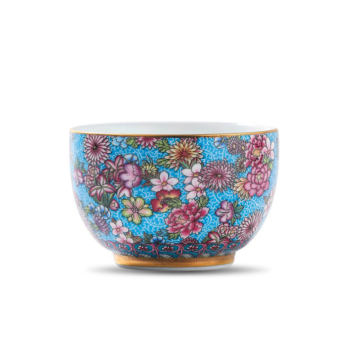Buddha Stonesの釉薬装飾の仏像、色とりどりの花、陶器のティーカップ、カンフーティーカップ
