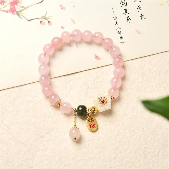 Buddha Stones天然ピンククリスタル翡翠フラワー 温かみのある愛のブレスレット