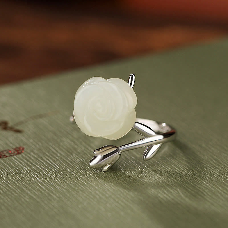 Buddha Stones925 スターリングシルバー ゴールドメッキ ローズフラワー 和田白翡翠 幸福リング