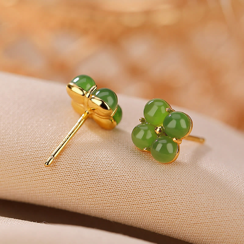 Buddha Stones 925スターリングシルバー ゴールドメッキ 天然シアン翡翠 四つ葉のクローバー 幸運のスタッドピアス