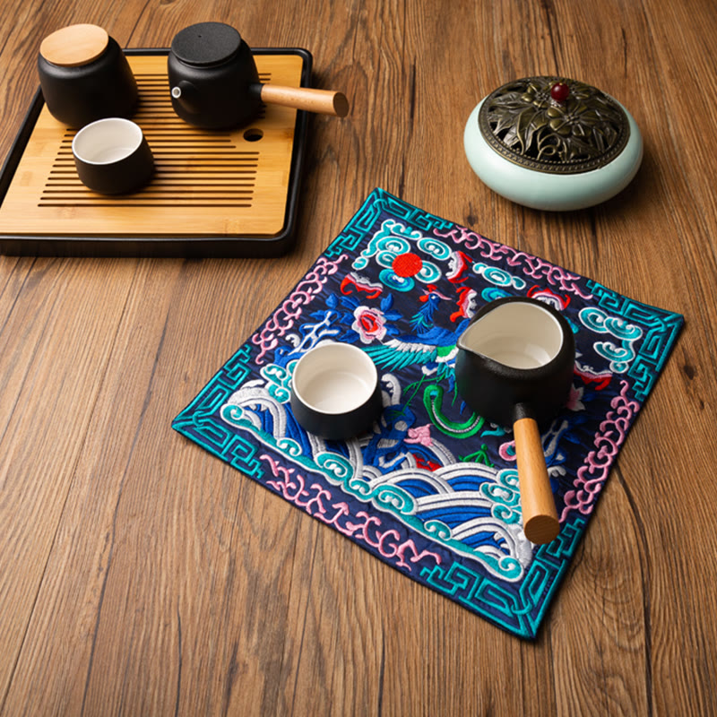 Buddha Stones鳳凰龍 麒麟刺繍 カップマットパッド ティーカップコースター カンフーティーマット
